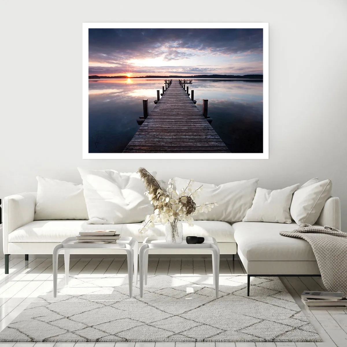Poster - Un molo su un lago al tramonto in un paesaggio tranquillo - 100x70cm - Il silenzioso confine del giorno e della notte - Decorazione murale moderna per soggiorno e camera da letto ARTTOR