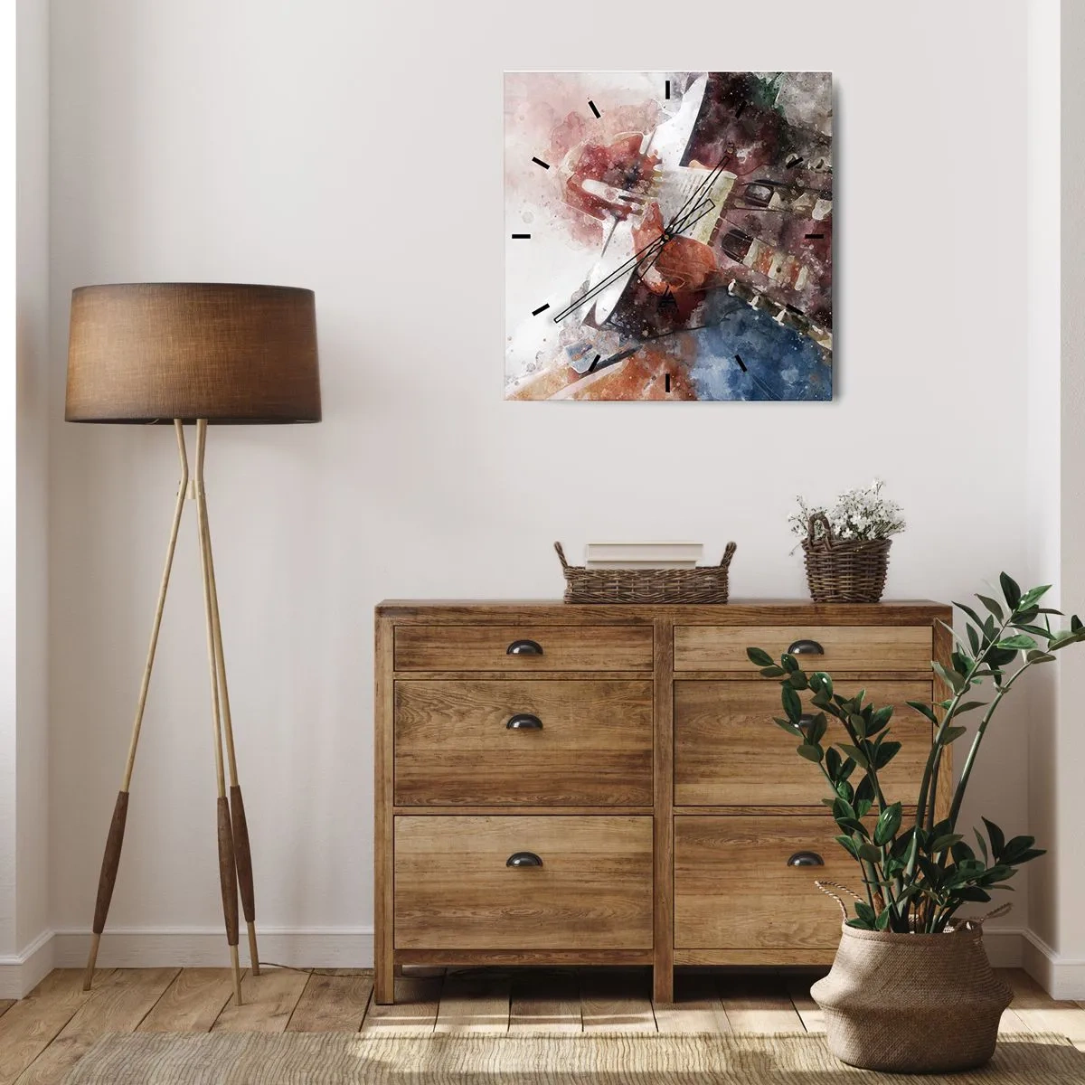Orologio da parete - Orologio in Vetro - Un'interpretazione artistica di una chitarra in stile acquerello - 30x30cm - E tu che ne pensi? - Decorazione murale moderna per soggiorno e camera da letto ARTTOR