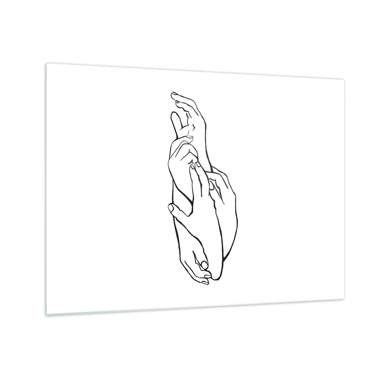 Quadro su vetro - Un sottile disegno lineare di mani giunte su uno sfondo bianco. - 70x50cm - Il tocco buono - Decorazione murale moderna per soggiorno e camera da letto ARTTOR