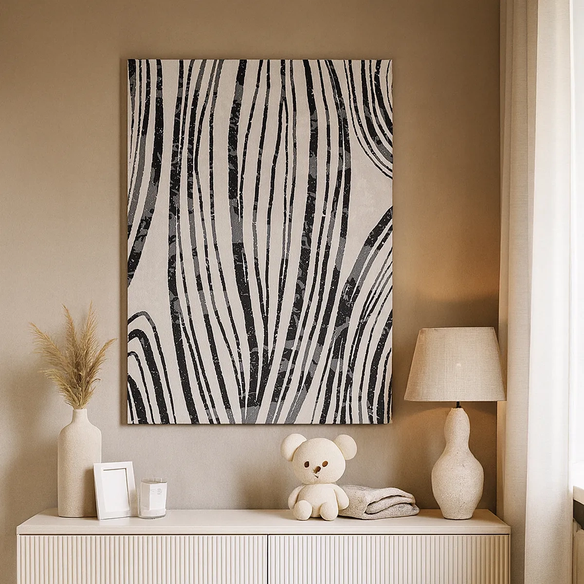 Quadro su tela - Stampe su Tela - Onde astratte in tonalità di bianco e nero - 50x70cm - Una palude di linee - Decorazione murale moderna per soggiorno e camera da letto ARTTOR