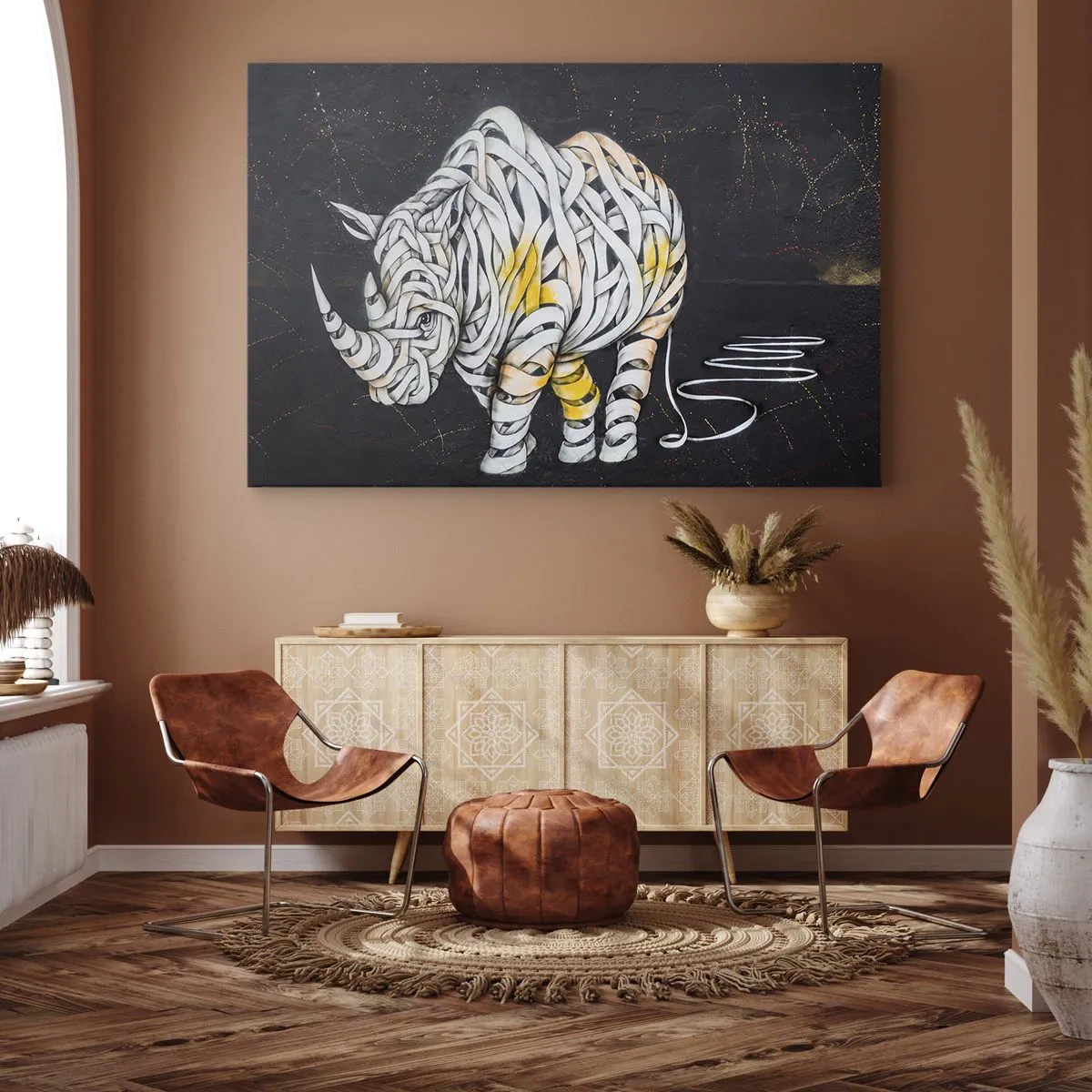 Quadro su tela - Stampe su Tela - Un rinoceronte scolpito con strisce astratte su sfondo scuro. - 120x80cm - La pelle dura è un mito - Decorazione murale moderna per soggiorno e camera da letto ARTTOR