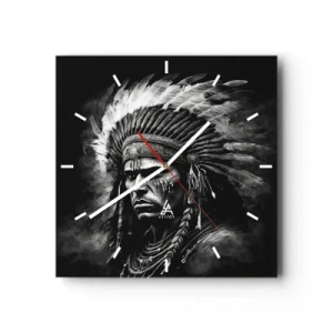 Orologio da parete - Orologio in Vetro - Ritratto di un capo con un copricapo piumato su sfondo nero - 30x30cm - Capo e guerriero - Decorazione murale moderna per soggiorno e camera da letto ARTTOR
