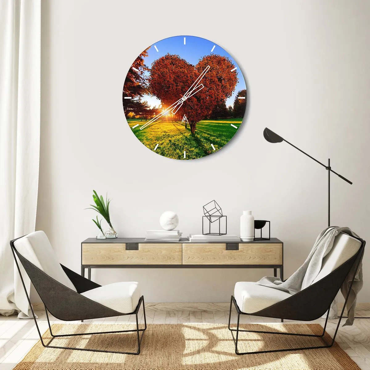 Orologio da parete - Orologio in Vetro - Albero a forma di cuore al tramonto - 30x30cm - Come non amare l'autunno - Decorazione murale moderna per soggiorno, cucina e camera da letto ARTTOR