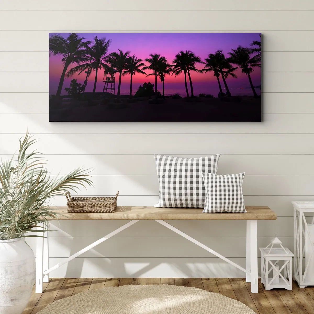 Quadro su tela - Stampe su Tela - Silhouette di palme contro un cielo al tramonto rosa-viola - 140x50cm - Sera sotto le palme - Decorazione murale moderna per soggiorno e camera da letto ARTTOR