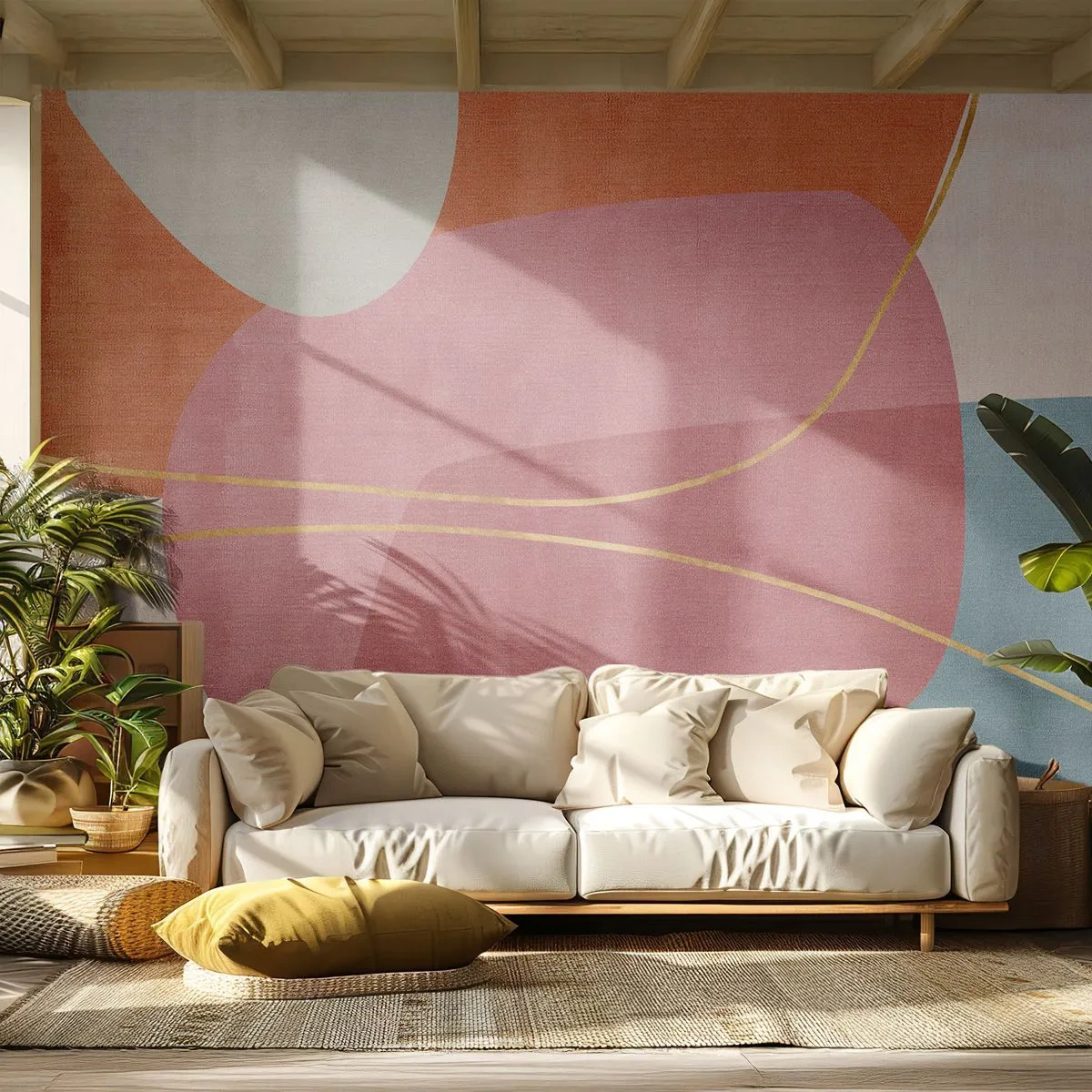 Fotomurali Premium Canvas - Composizione pastello con filo dorato - Astrazione, Minimalismo, Forme - 450x315 cm