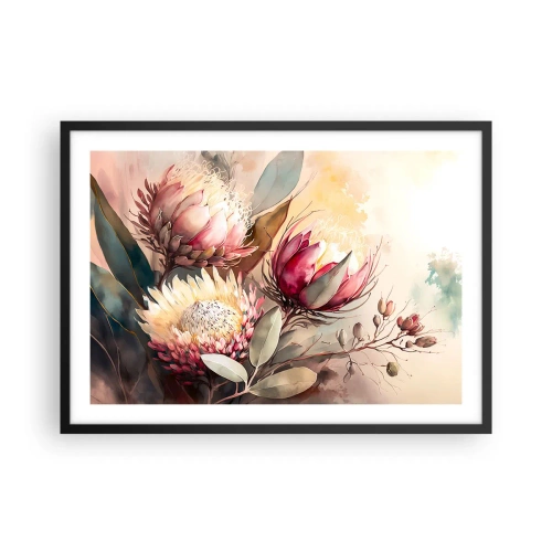 Poster in cornice nera - Fiori di protea in delicate tonalità pastello - 70x50cm - Di profilo e di fronte - Decorazione murale moderna per soggiorno e camera da letto ARTTOR
