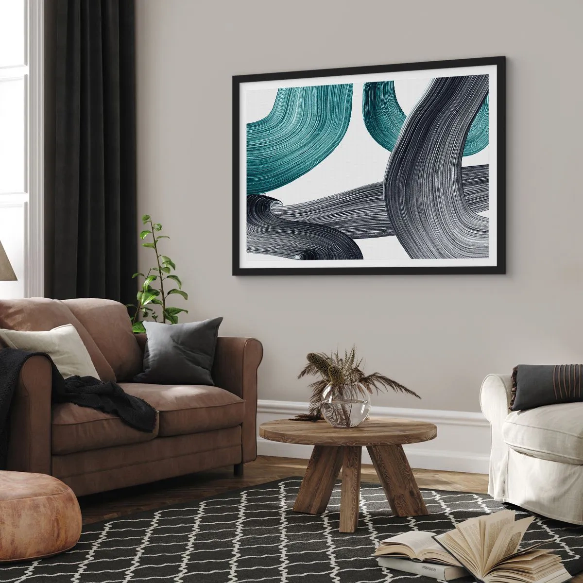 Poster in cornice nera - Linee astratte fluide nelle tonalità del verde e del grigio - 70x50cm - Tracce smeraldo e nero - Decorazione murale moderna per soggiorno e camera da letto ARTTOR