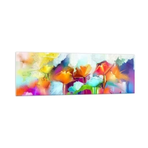 Quadro su vetro - Fiori astratti colorati su uno sfondo chiaro - 160x50cm - L'arcobaleno è fiorito - Decorazione murale moderna per soggiorno e camera da letto ARTTOR