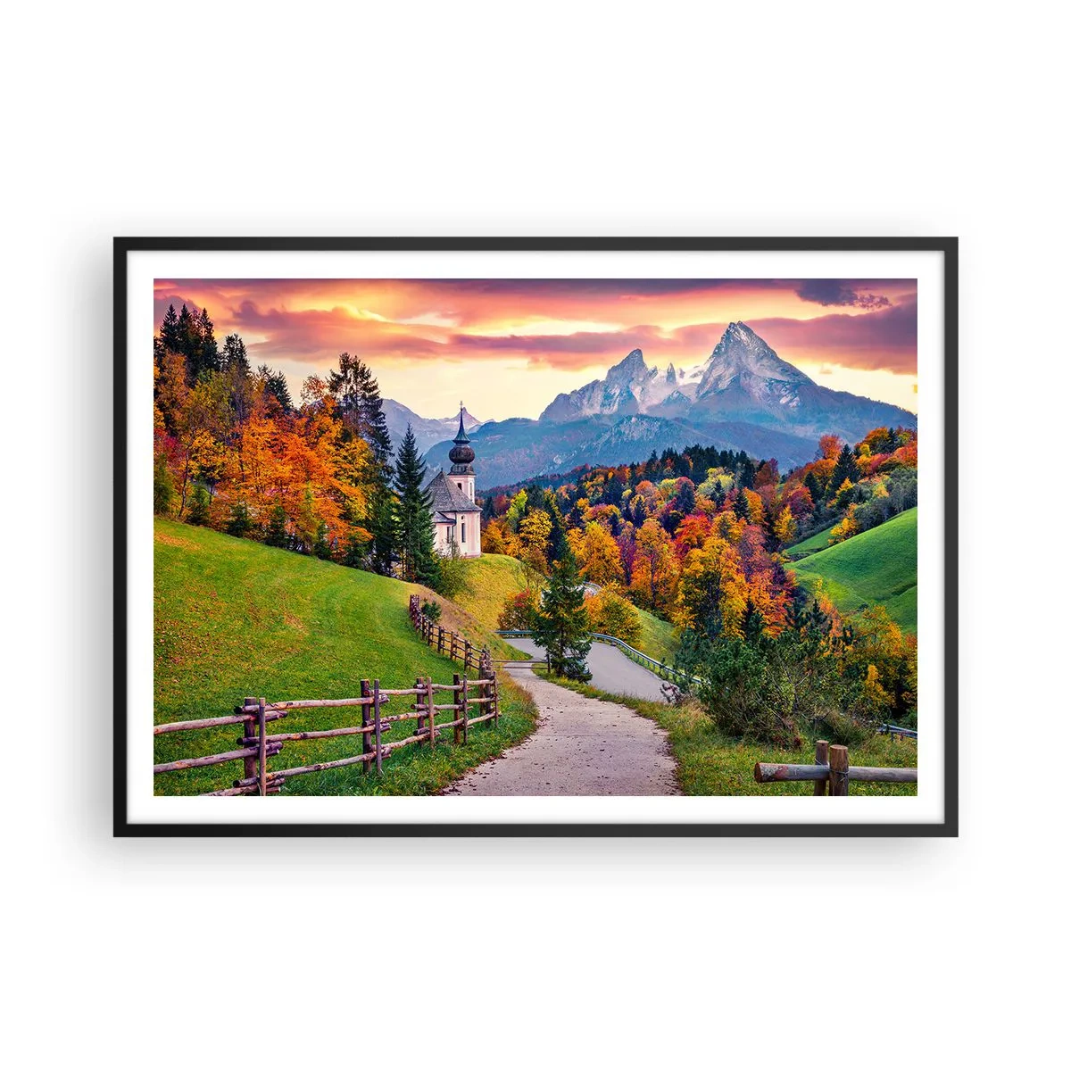 Poster in cornice nera - Paesaggio montano autunnale con cappella e tramonto - 100x70cm - Un paesaggio come dipinto - Decorazione murale moderna per soggiorno e camera da letto ARTTOR