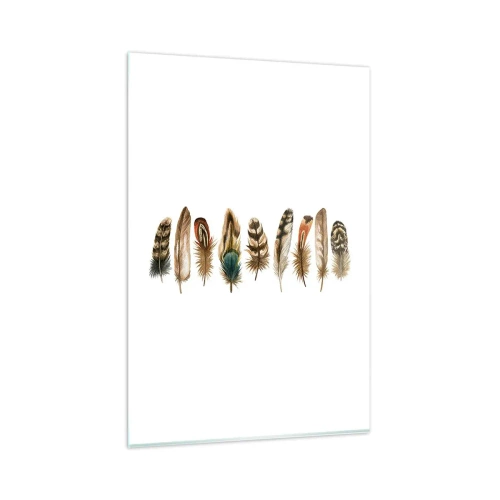 Quadro su vetro - Motivo decorativo di una raccolta di piume varie - 80x120cm - Composizione di piume - Decorazione murale moderna per soggiorno e camera da letto ARTTOR