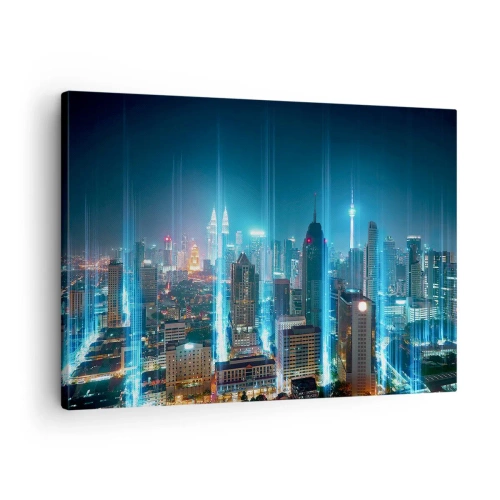 Quadro su tela - Stampe su Tela - Una città moderna di notte con accenti di illuminazione futuristici. - 70x50cm - Da Berlino al cielo - Decorazione murale moderna per soggiorno e camera da letto ARTTOR