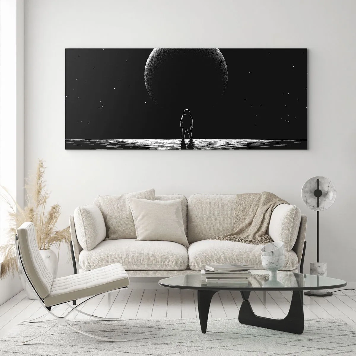 Quadro su vetro - Un astronauta sullo sfondo di un grande pianeta nello spazio - 140x50cm - Faccia a faccia - Decorazione murale moderna per soggiorno e camera da letto ARTTOR