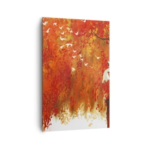 Quadro su tela - Stampe su Tela - Una figura su un'altalena vicino a un albero circondata da foglie rosse - 80x120cm - Voli con noi? - Decorazione murale moderna per soggiorno e camera da letto ARTTOR
