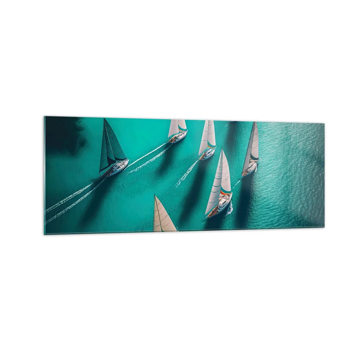 Quadro su vetro - Yacht in movimento dinamico sulle acque turchesi - 140x50cm - In gara con il vento - Decorazione murale moderna per soggiorno e camera da letto ARTTOR