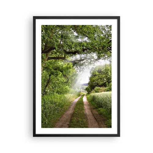 Poster in cornice nera - Una strada sterrata ombreggiata circondata da rigogliosi alberi verdi e prati - 50x70cm - Et in Arcadia ego - Decorazione murale moderna per soggiorno e camera da letto ARTTOR