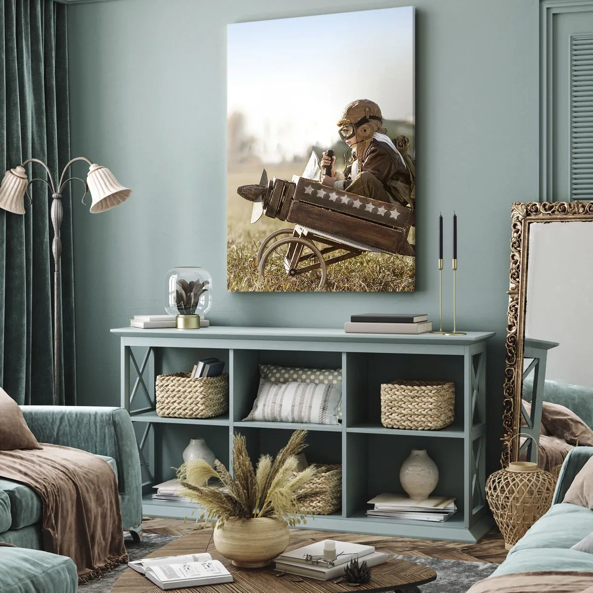 Quadro su tela - Stampe su Tela - Un bambino su un aeroplanino giocattolo con un campo sullo sfondo - 50x70cm - Decollo verso i sogni - Decorazione murale moderna per soggiorno e camera da letto ARTTOR