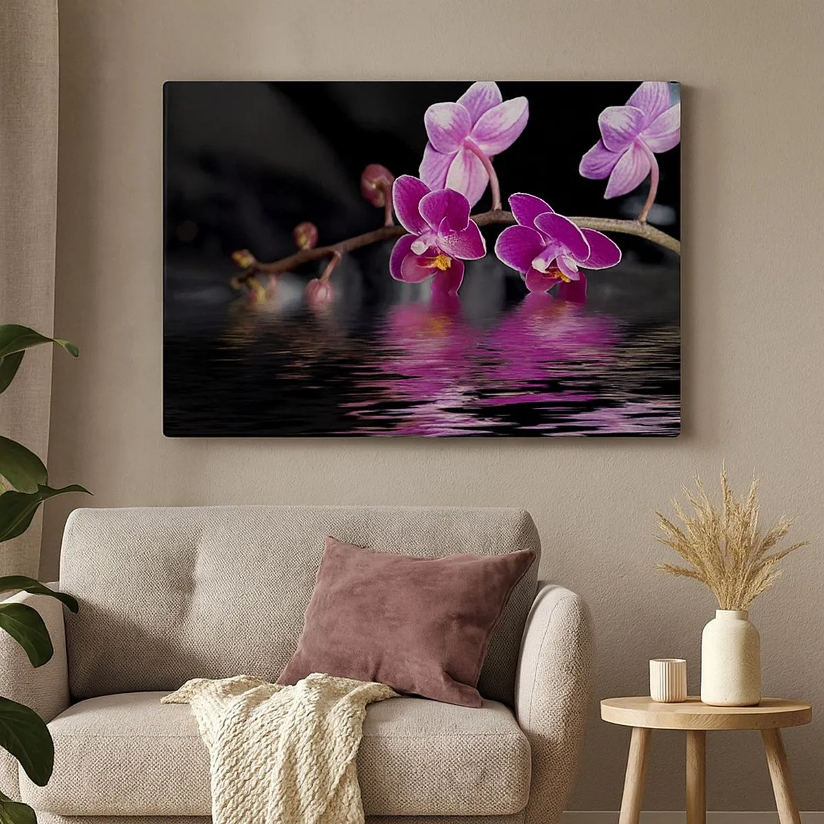 Quadro su tela - Stampe su Tela - Orchidee viola su acqua calma su sfondo nero - 70x50cm - La bellezza riflessa dai gigli - Decorazione murale moderna per soggiorno e camera da letto ARTTOR