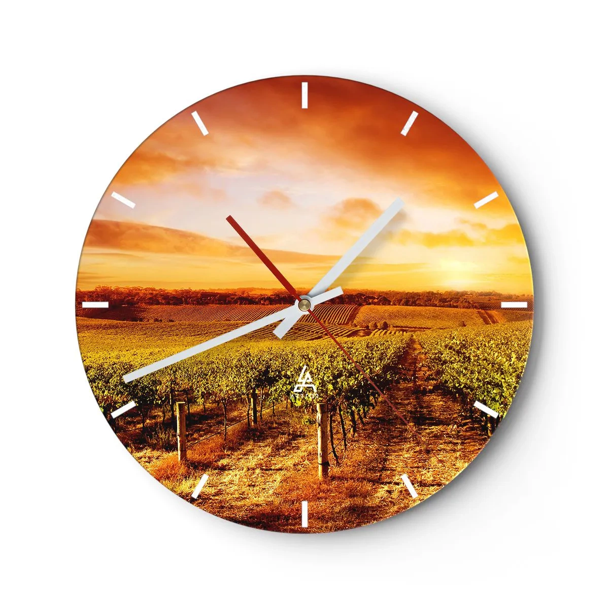 Orologio da parete - Orologio in Vetro - Tramonto sul vigneto - 30x30cm - Profumo di frutta con una nota di sole - Decorazione murale moderna per soggiorno, cucina e camera da letto ARTTOR