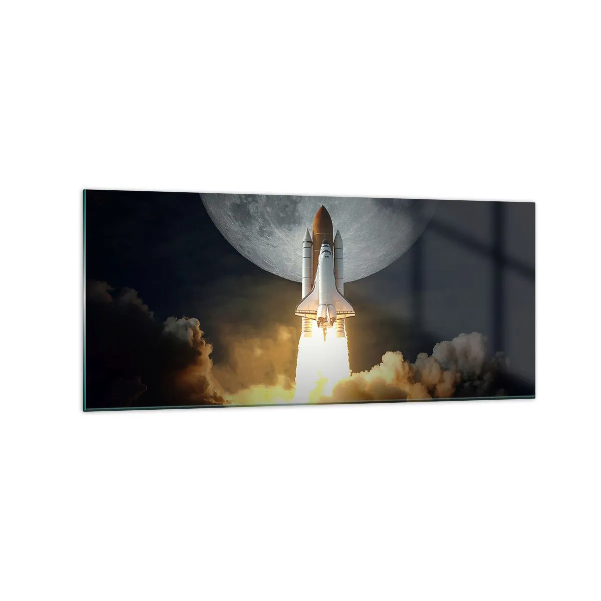 Quadro su vetro - Un razzo che decolla sullo sfondo della luna piena circondata da nuvole dinamiche. - 120x50cm - L'inizio di un'avventura spaziale - Decorazione murale moderna per soggiorno e camera da letto ARTTOR