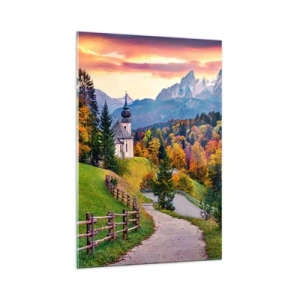 Quadro su vetro - Paesaggio montano autunnale con cappella e tramonto - 70x100cm - Un paesaggio come dipinto - Decorazione murale moderna per soggiorno e camera da letto ARTTOR