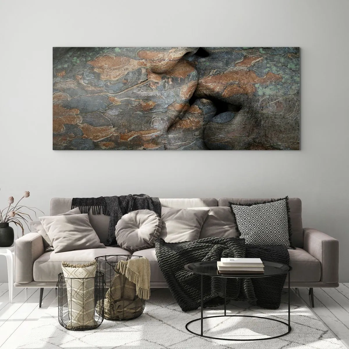Quadro su vetro - Un motivo artistico di un volto scolpito nella roccia con un effetto di texture naturale. - 160x50cm - Insieme per sempre - Decorazione murale moderna per soggiorno e camera da letto ARTTOR