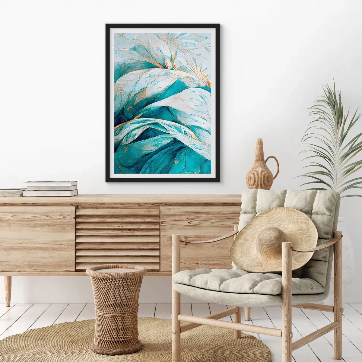 Poster in cornice nera - Astrazione blu con motivi d'oro - 70x100 cm