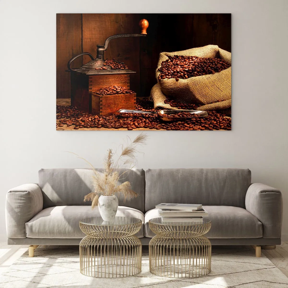 Quadro su vetro - Un vecchio macinacaffè con chicchi e un sacchetto di caffè - 70x50cm - Natura morta con chicchi di caffè e macinino - Decorazione murale moderna per soggiorno e camera da letto ARTTOR
