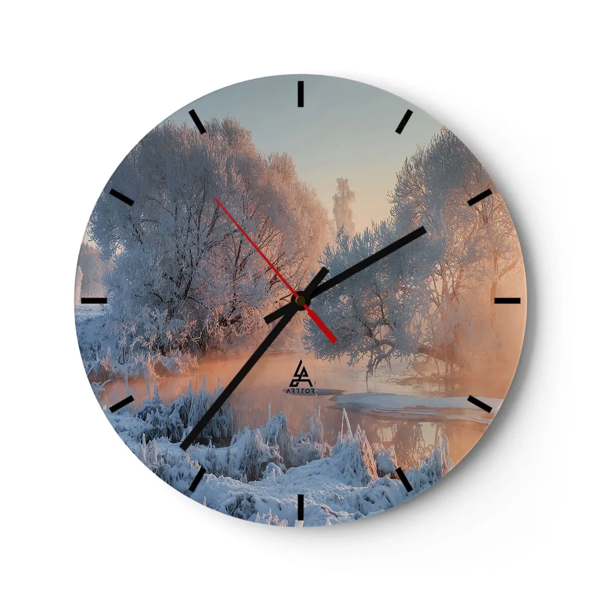 Orologio da parete - Orologio in Vetro - Paesaggio invernale con alberi ghiacciati all'alba - 30x30cm - Tutto brilla al sole nel cristallo - Decorazione murale moderna per soggiorno, cucina e camera da letto ARTTOR