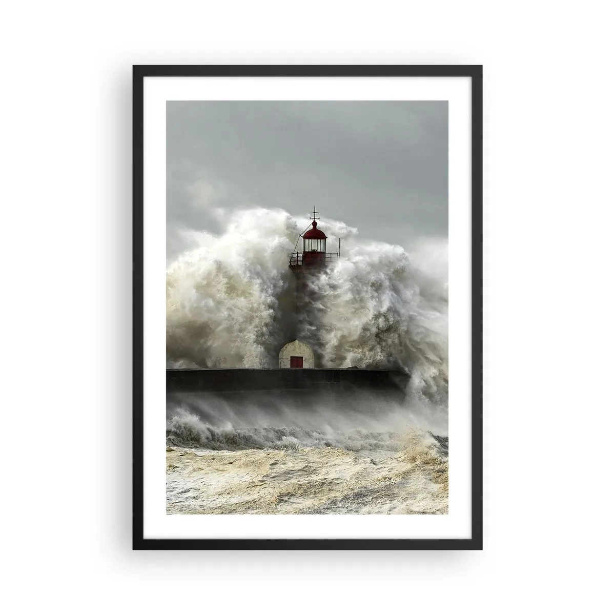Poster in cornice nera - Un faro circondato da onde agitate - 50x70cm - L'ira dell'oceano - Decorazione murale moderna per soggiorno e camera da letto ARTTOR