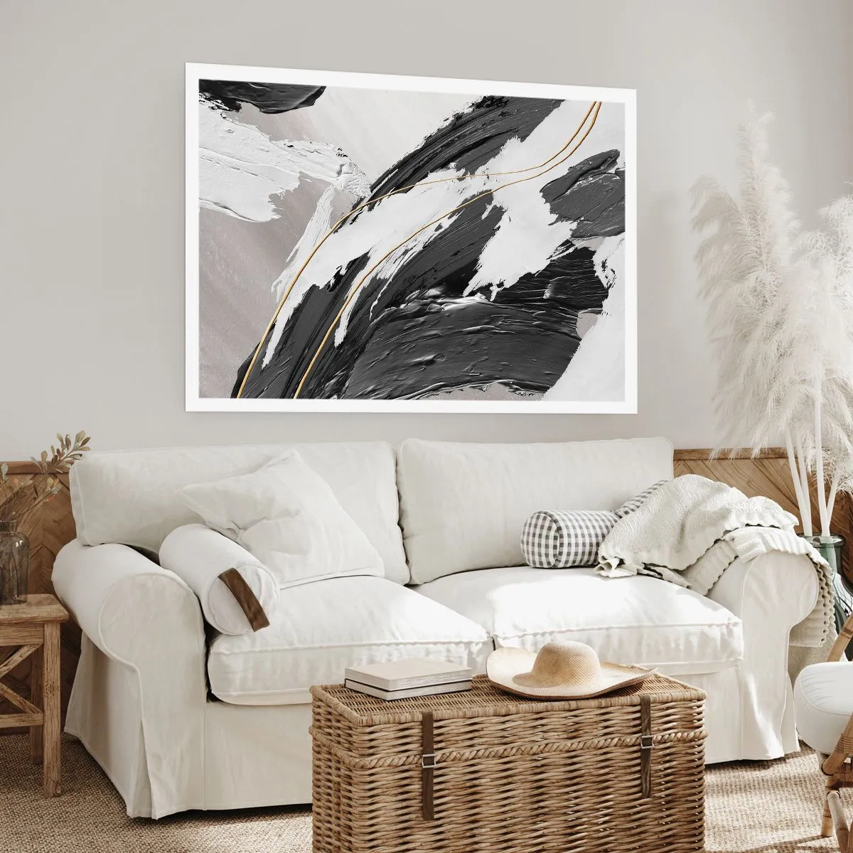 Poster - Pennellate di vernice bianca e nera con un sottile accento dorato - 100x70cm - Astrazione con sfarzo - Decorazione murale moderna per soggiorno e camera da letto ARTTOR