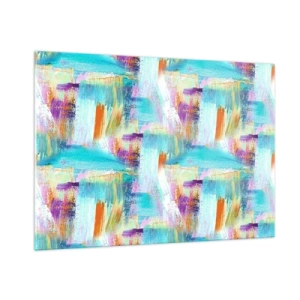 Quadro su vetro - Astrazione colorata con pennellate in colori pastello e vivaci. - 100x70cm - Mite intreccio soffuso - Decorazione murale moderna per soggiorno e camera da letto ARTTOR