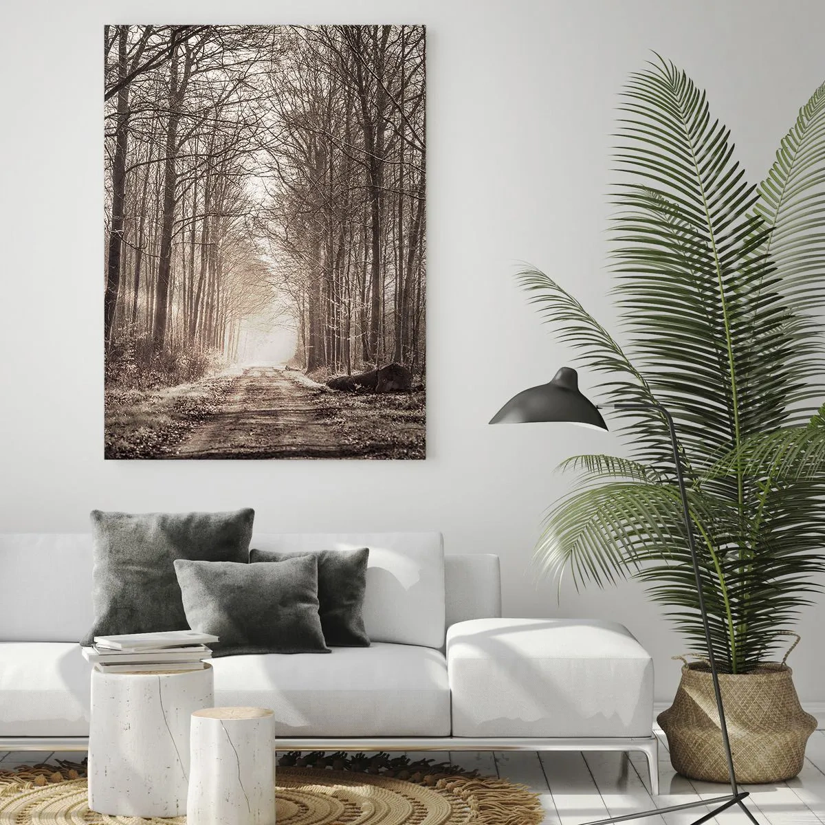 Quadro su vetro - Strada forestale nella nebbia mattutina - 50x70cm - La cattedrale del bosco - Decorazione murale moderna per soggiorno e camera da letto ARTTOR