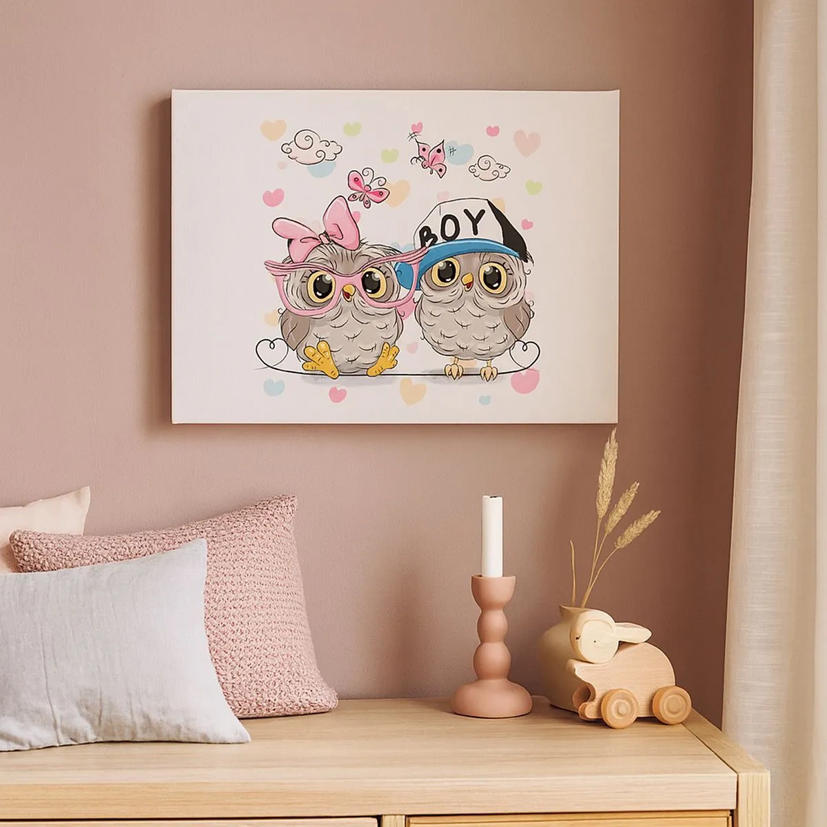 Quadro su tela - Stampe su Tela - Due adorabili gufi circondati da cuori - 70x50cm - Amiamoci! - Decorazione murale moderna per soggiorno e camera da letto ARTTOR