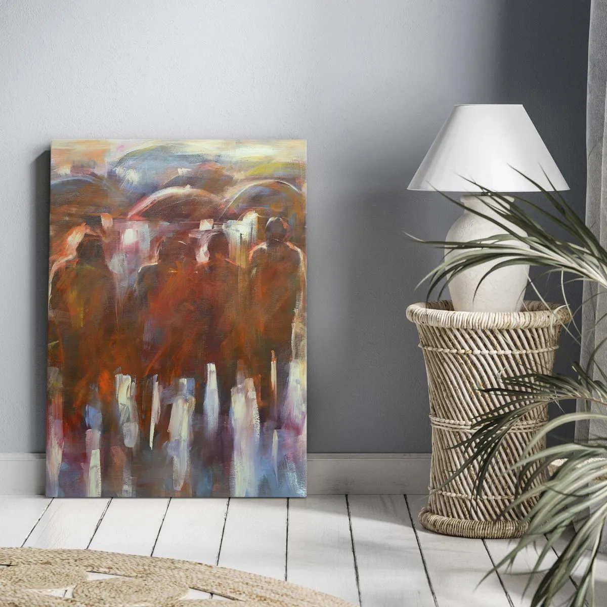 Quadro su tela - Stampe su Tela - Una folla di persone con ombrelli in un ambiente piovoso e artistico - 50x70cm - Uguali nella pioggia e nella nebbia - Decorazione murale moderna per soggiorno e camera da letto ARTTOR