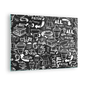 Quadro su vetro - Grafica e scritte a tema caffè su sfondo nero in stile retrò - 70x50cm - All you need is… - Decorazione murale moderna per soggiorno e camera da letto ARTTOR
