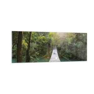 Quadro su vetro - Un ponte sospeso in una foresta tropicale illuminato dalla luce del sole. - 140x50cm - Sull'acqua azzurra verso il bosco azzurro - Decorazione murale moderna per soggiorno e camera da letto ARTTOR