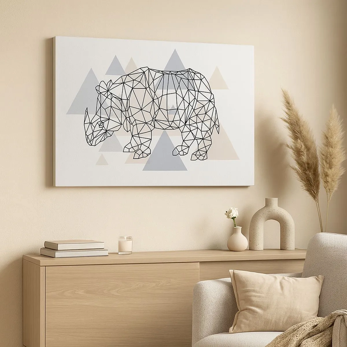 Quadro su tela - Stampe su Tela - Rinoceronte geometrico su uno sfondo di delicati triangoli - 70x50cm - La struttura della forza - Decorazione murale moderna per soggiorno e camera da letto ARTTOR