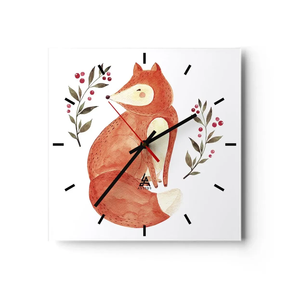 Orologio da parete - Orologio in Vetro - Una volpe acquerellata circondata da ramoscelli con bacche - 30x30cm - Piccola rossa - Decorazione murale moderna per soggiorno e camera da letto ARTTOR