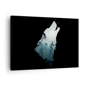 Quadro su tela - Stampe su Tela - Silhouette di un lupo con una foresta e la luna sullo sfondo - 70x50cm - Voce di una notte boschiva - Decorazione murale moderna per soggiorno e camera da letto ARTTOR