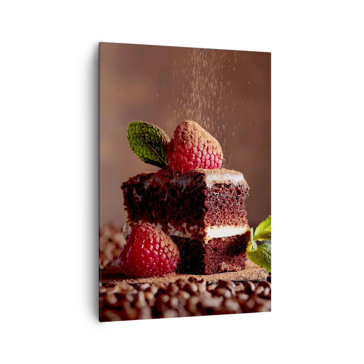 Quadro su tela - Stampe su Tela - Torta al cioccolato con lamponi e menta su uno sfondo di fave di cacao - 70x100cm - La vita è dolce - Decorazione murale moderna per soggiorno e camera da letto ARTTOR