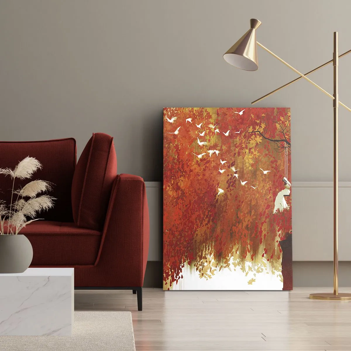 Quadro su tela - Stampe su Tela - Una figura su un'altalena vicino a un albero circondata da foglie rosse - 80x120cm - Voli con noi? - Decorazione murale moderna per soggiorno e camera da letto ARTTOR