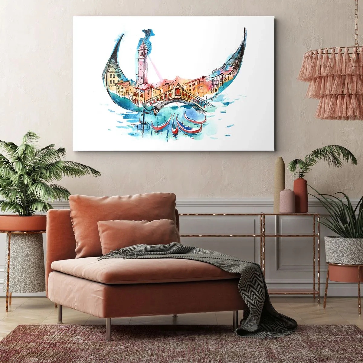 Quadro su tela - Stampe su Tela - Una composizione ad acquerello di Venezia a forma di gondola - 100x70cm - Navighiamo dentro la città - Decorazione murale moderna per soggiorno e camera da letto ARTTOR