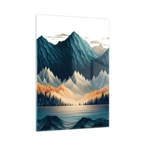 Quadro su vetro - Paesaggio montano stilizzato con una foresta e un lago - 50x70cm - Perfetto paesaggio montano - Decorazione murale moderna per soggiorno e camera da letto ARTTOR