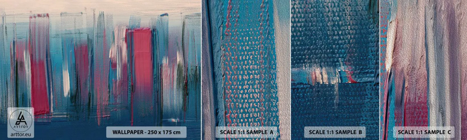 Campione di Fotomurale Premium Sand - Composizione verticale in blu e rosso - Pezzo, Astrazione, Colore - 100x30 cm