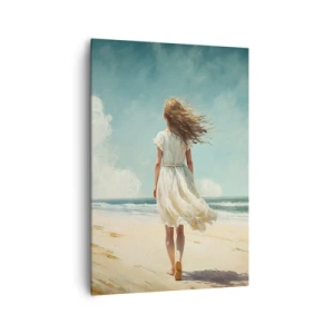 Quadro su tela - Stampe su Tela - Una donna in abito bianco che cammina sulla spiaggia in una giornata di sole - 70x100cm - Dove sole e vento si incontrano - Decorazione murale moderna per soggiorno e camera da letto ARTTOR