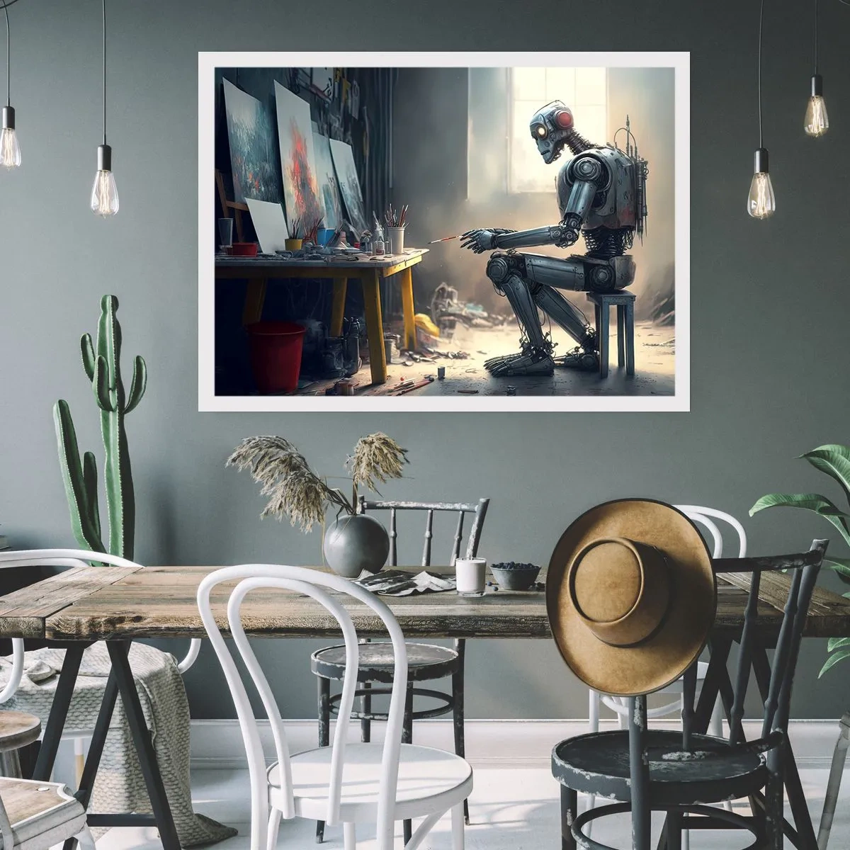 Poster - Un robot che dipinge un quadro in uno studio d'arte - 100x70cm - Atto creativo - Decorazione murale moderna per soggiorno e camera da letto ARTTOR