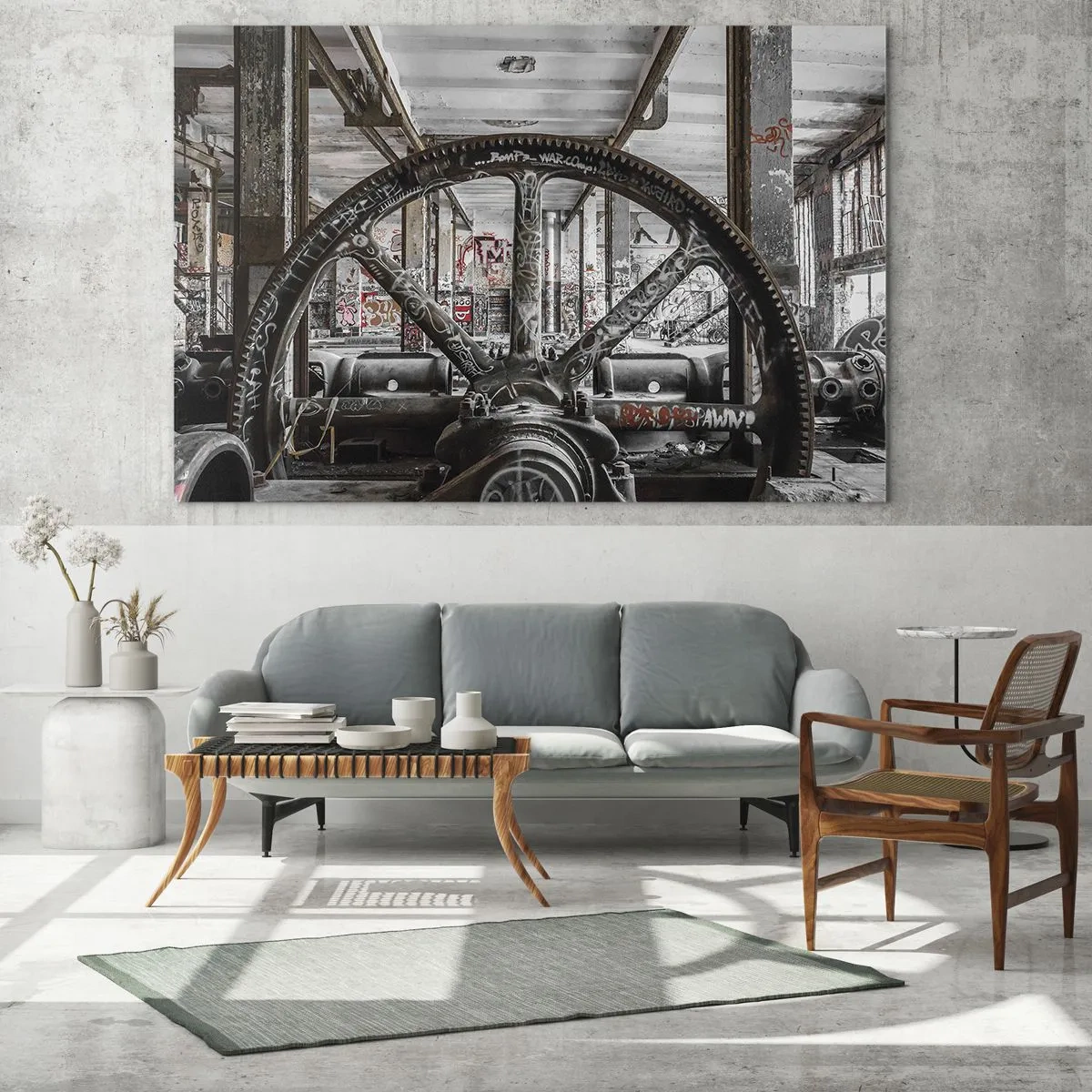 Quadro su vetro - Interno industriale storico con ruota dentata - 100x70cm - La vita segreta della fabbrica - Decorazione murale moderna per soggiorno e camera da letto ARTTOR