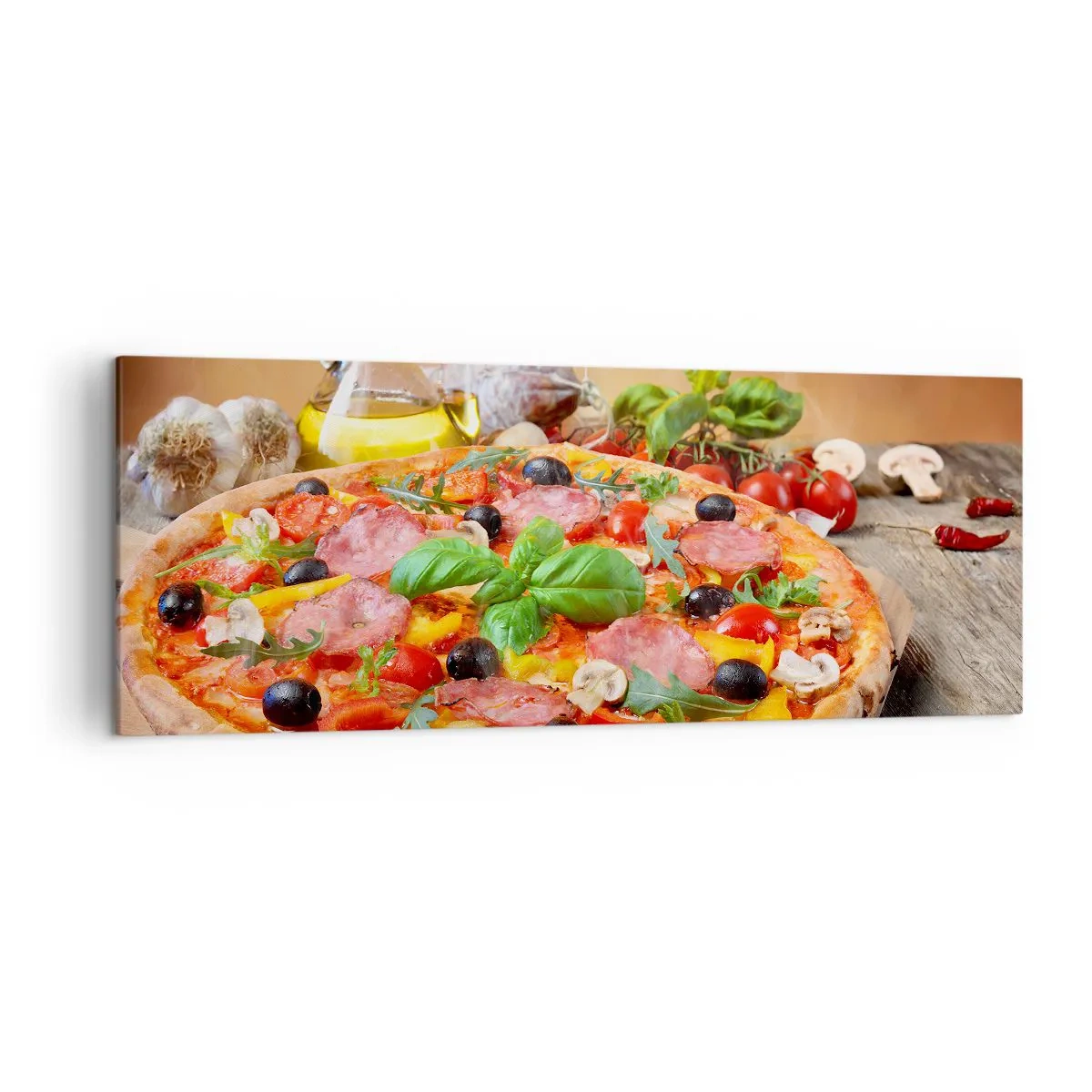 Quadro su tela - Stampe su Tela - Pizza appetitosa su un tavolo di legno con condimenti - 140x50cm - Con gusto veramente italiano - Decorazione murale moderna per soggiorno e camera da letto ARTTOR