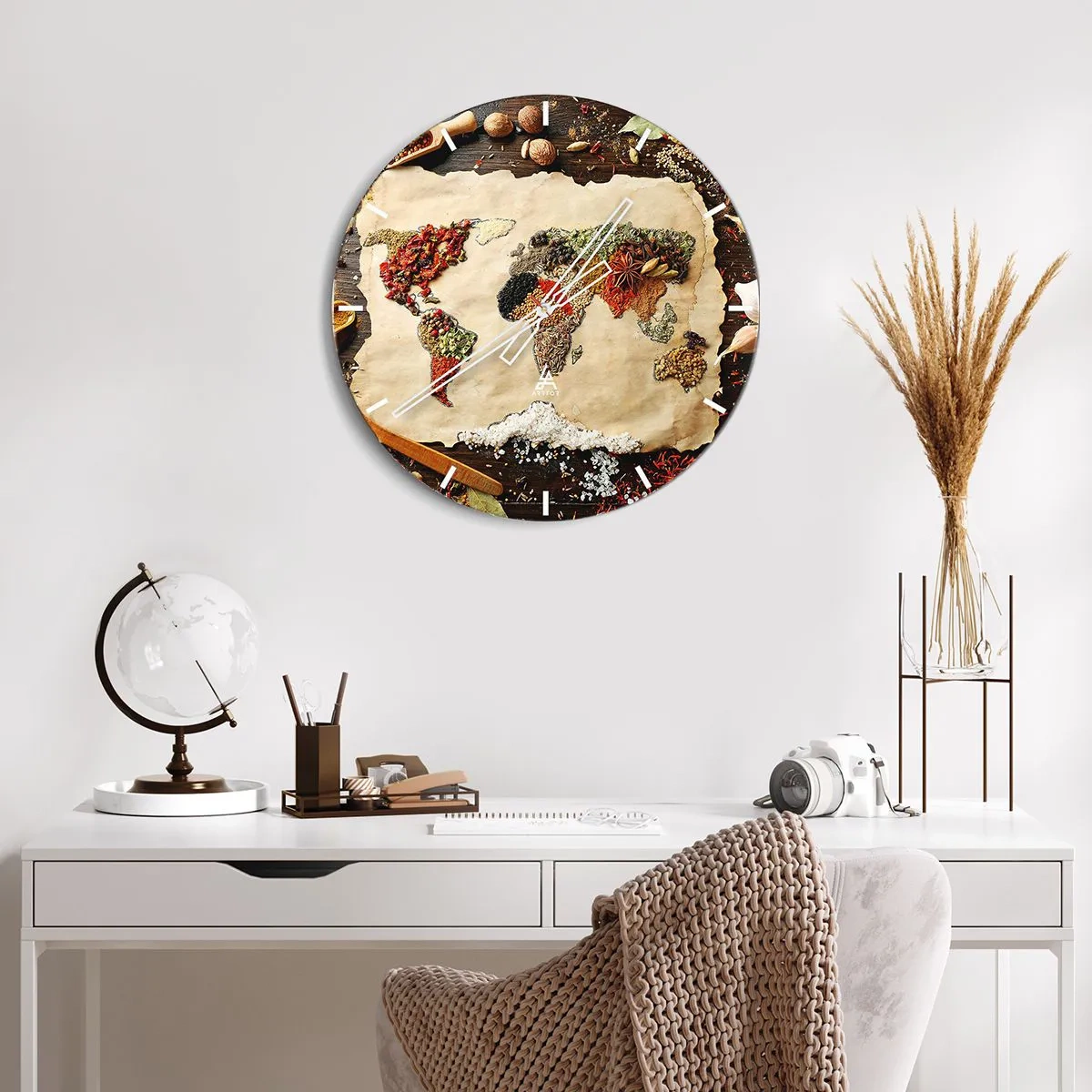 Orologio da parete - Orologio in Vetro - Mappa del mondo fatta di spezie su uno sfondo di legno - 30x30cm - Tutti i gusti del mondo - Decorazione murale moderna per soggiorno, cucina e camera da letto ARTTOR