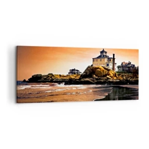 Quadro su tela - Stampe su Tela - Una casa su una roccia vicino alla spiaggia al tramonto con il suo riflesso nell'acqua - 120x50cm - L'eleganza della costa ovest - Decorazione murale moderna per soggiorno e camera da letto ARTTOR